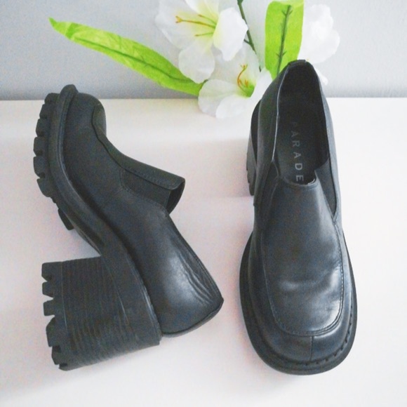 parade Shoes - Vintage Parade Black Leather Chunky Heel Platform